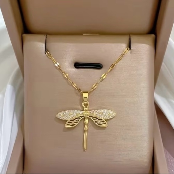 Jewelry - 18K Gold Plated Dragonfly Pendant Necklace Adorned with Synthetic Zirconia -NIP